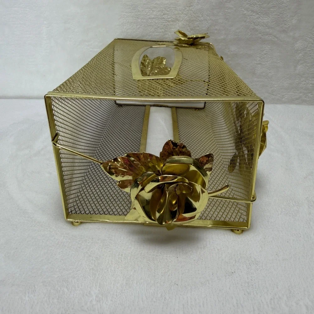 VTG Gold Tone Mesh Tissue Box‎ Cover Holder Hollywood Regency Rose Floral Metal